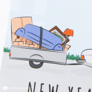 Verhuiskaart ontwerp New year, new home! | Detail foto van de illustratie van de auto met aanhangwagen.